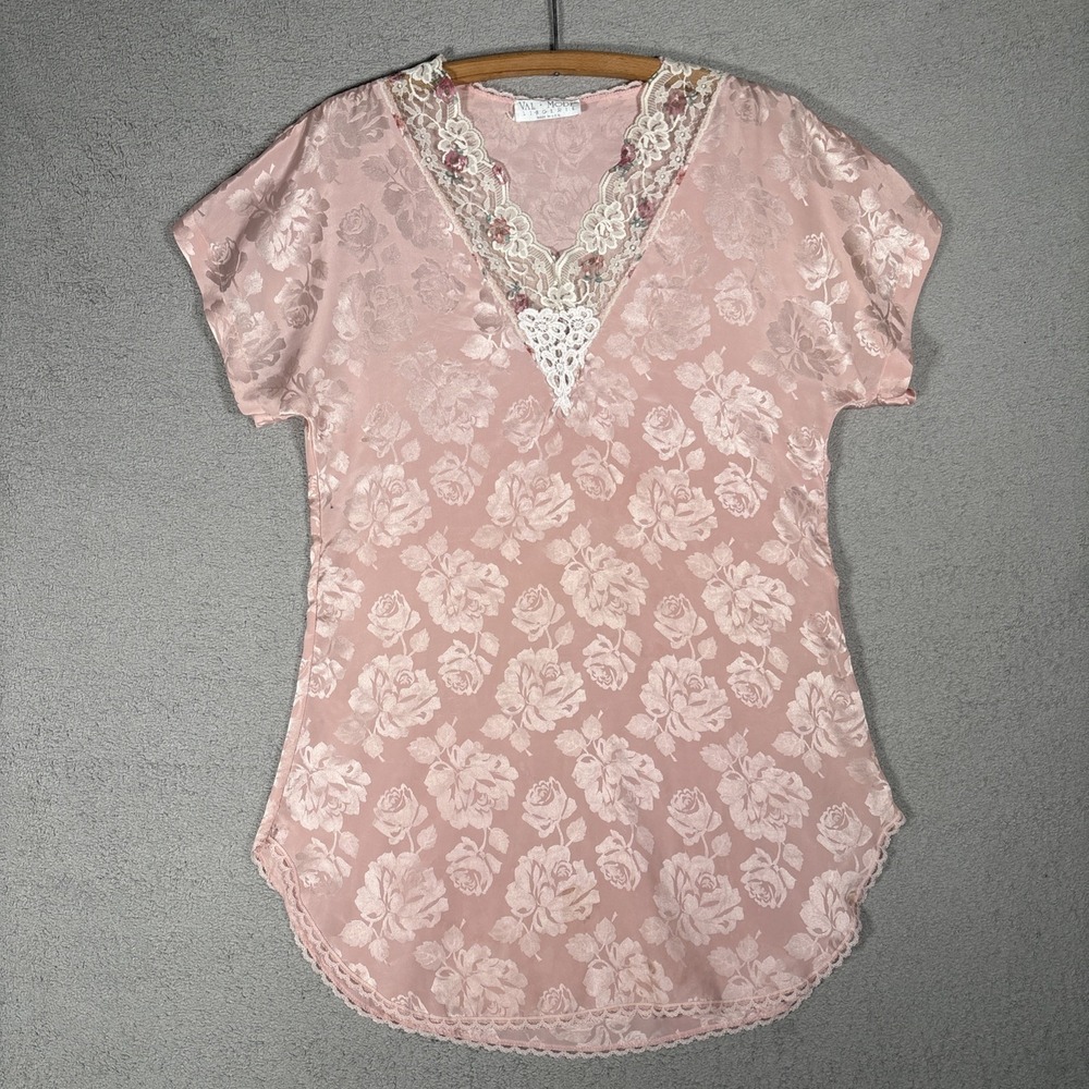 Vintage Val Mode Lingerie L Pink‎ Floral Satin Jacquard Nightgown Lace Trim USA